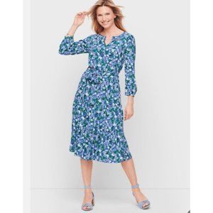Talbots NWT Sz 12 Midi Dress Blue & Green Floral Viscose Fit Flare 3/4 Sleeve